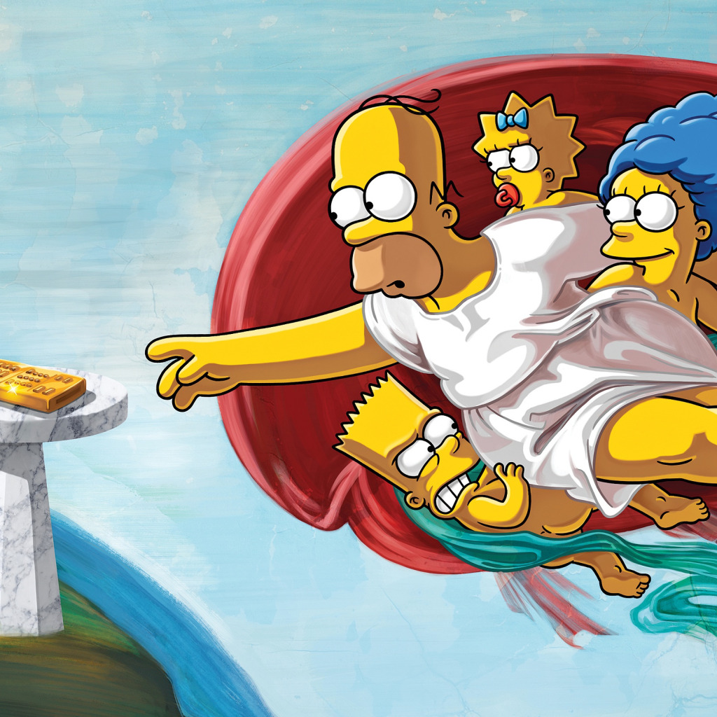 Скачать обои Симпсоны, Рисунок, Картина, Гомер, Мэгги, Maggie, Simpsons, Барт, Арт, Лиза, Сотворение Адама, Мультфильм, The Simpsons, Мардж, Homer Simpson, Гомер Симпсон, раздел арт в разрешении 1024x1024