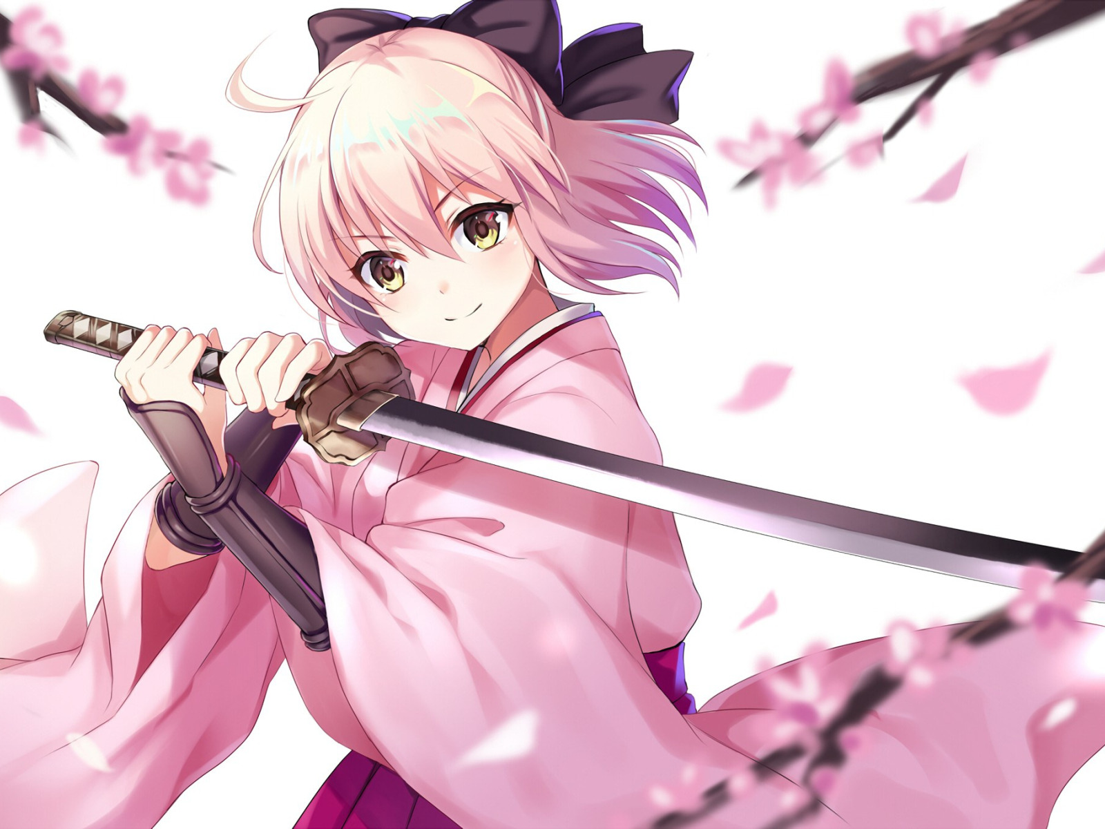 girl, sword, pink, anime, katana, sakura, ken, blade, blonde, warrior, japa...