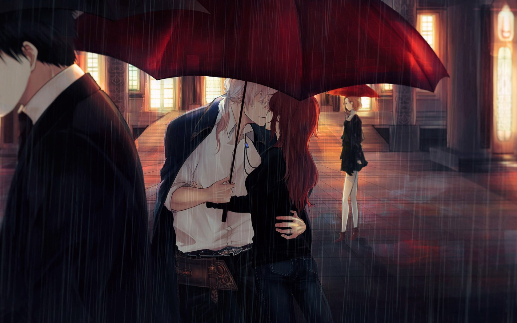 Скачать обои ночь, дождь, романтика, зонт, двое, прохожие, раздел арт в раз...