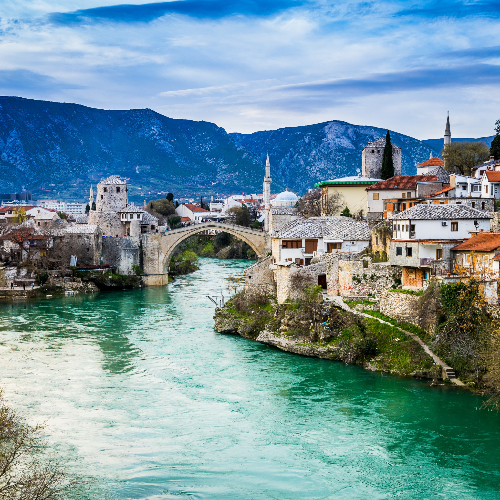 горы, мост, река, здания, дома, Босния и Герцеговина, Mostar, Мостар, Стары...