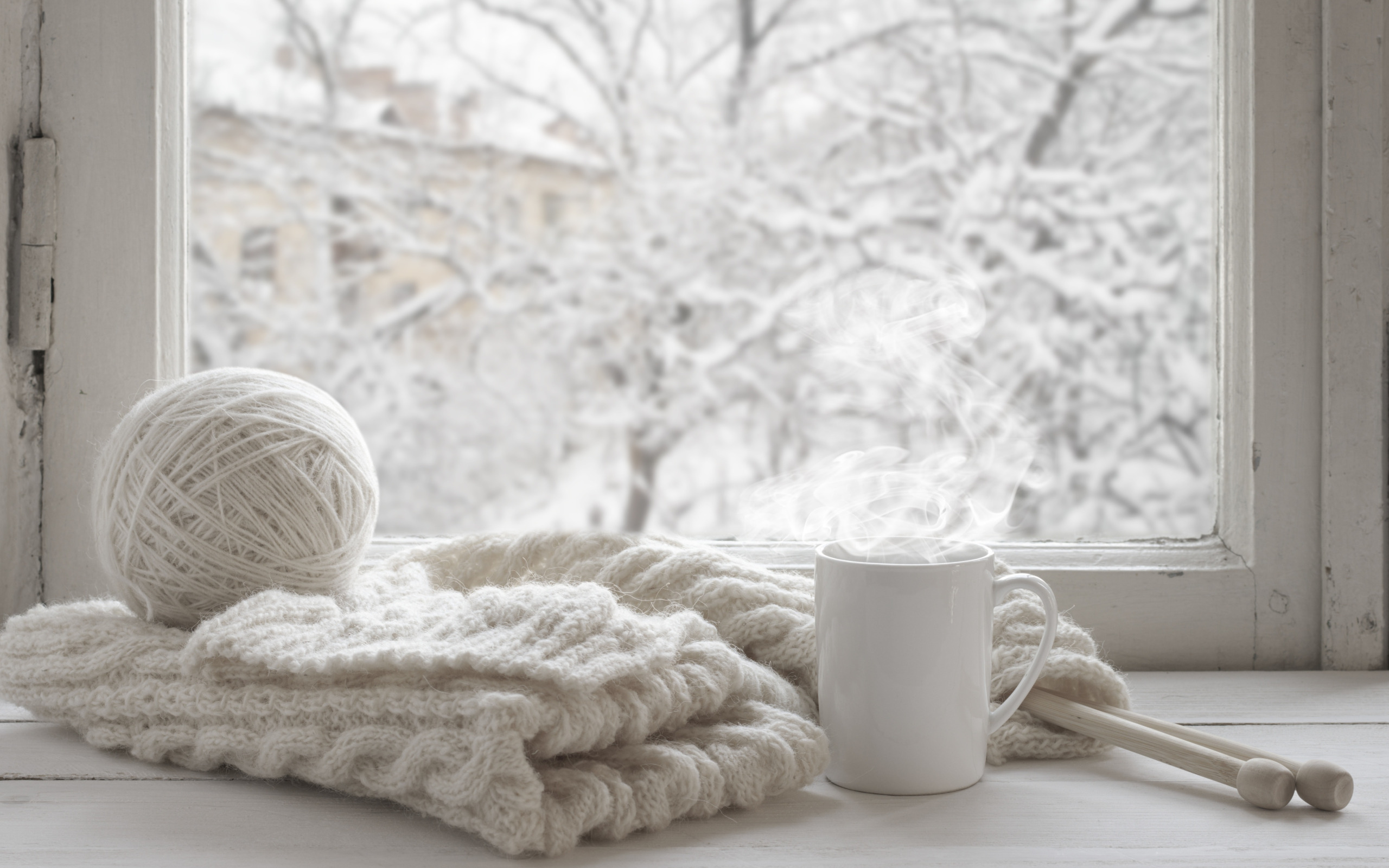 Обои для рабочего стола. зима, снег, шерсть, шарф, окно, чашка, hot, winter, snow, cup, w...