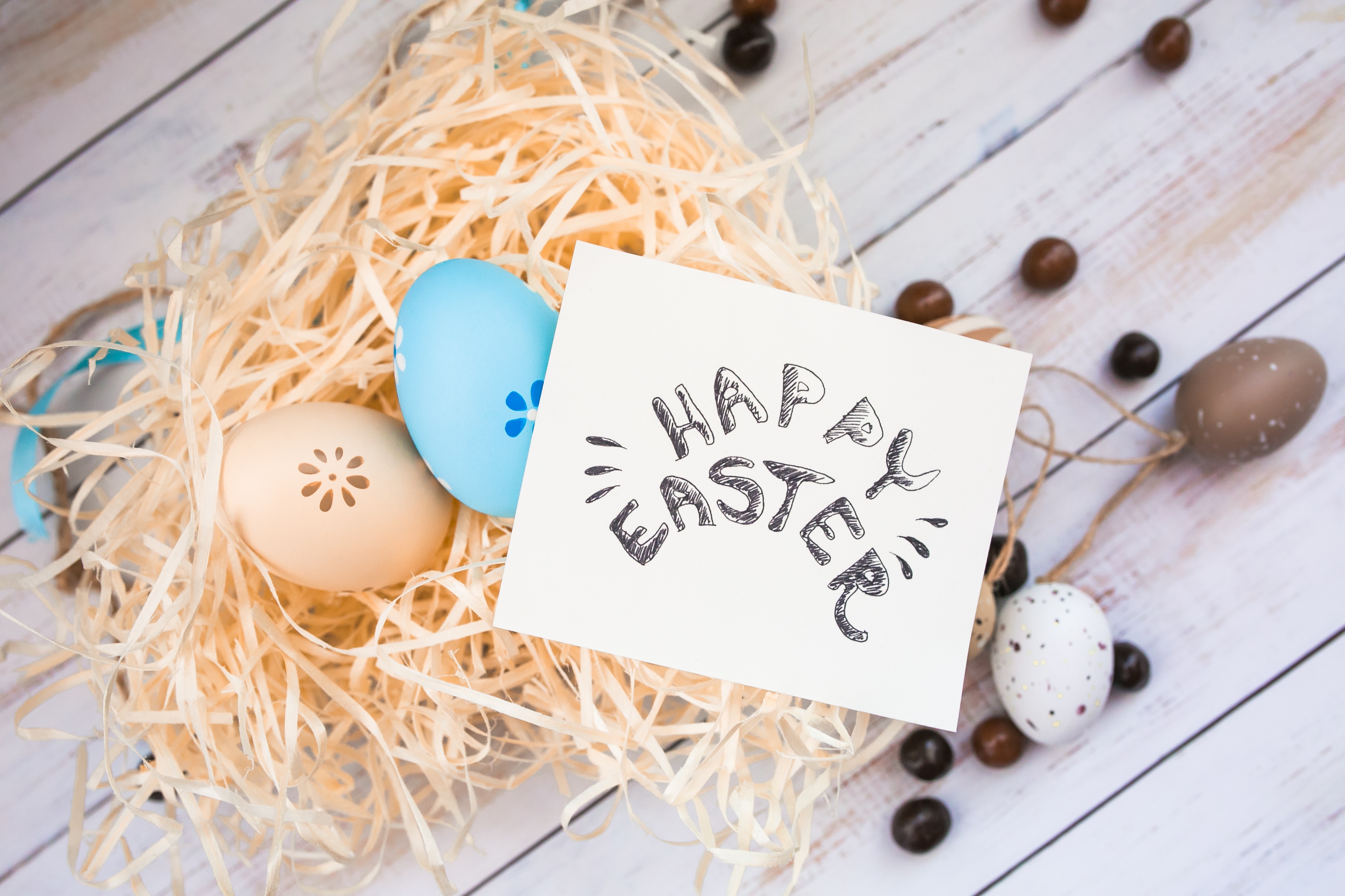 Скачать обои яйца, Пасха, wood, spring, Easter, eggs, decoration, Happy, te...