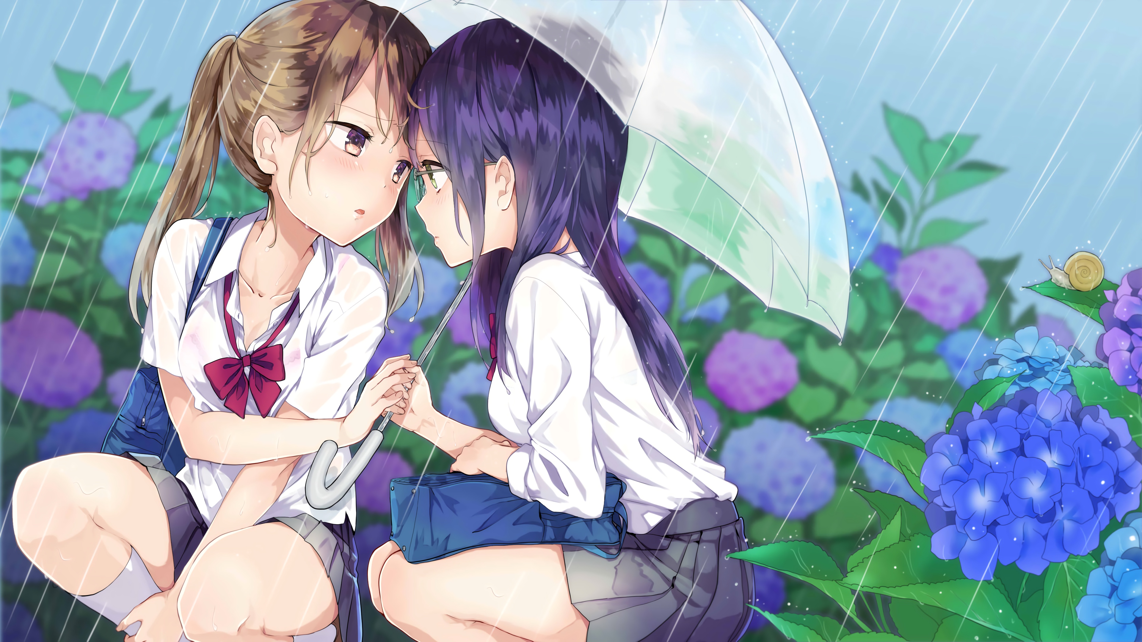 Скачать обои цветы, зонтик, девушки, дождь, очки, румянец, anime, art, разд...