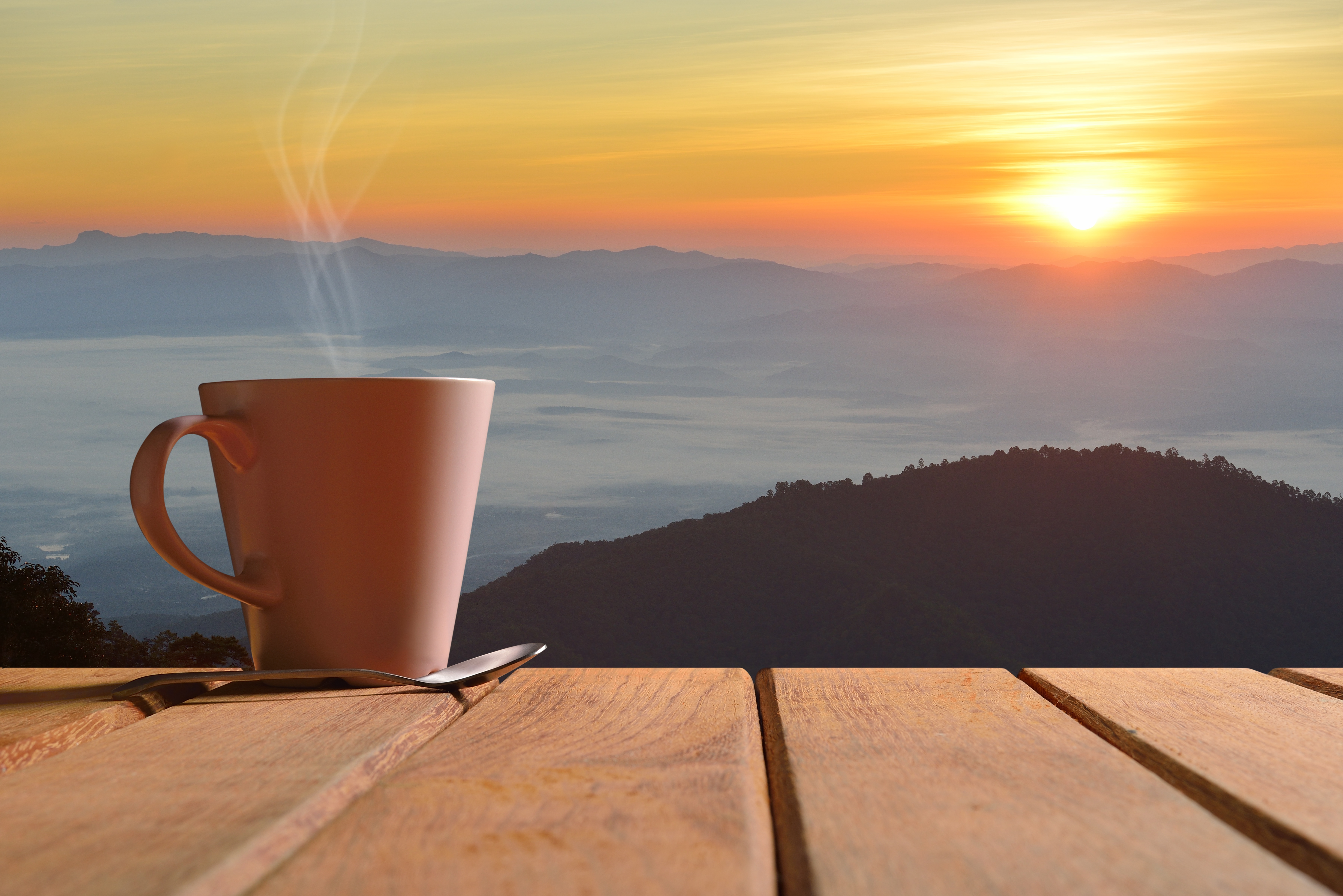 Скачать обои рассвет, кофе, утро, чашка, hot, coffee cup, good morning, раз...