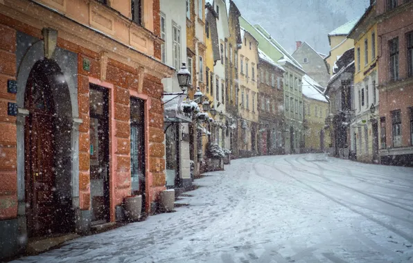 Картинка снег, city, город, улица, здание, снегопад, Street, snow, snowfall, building