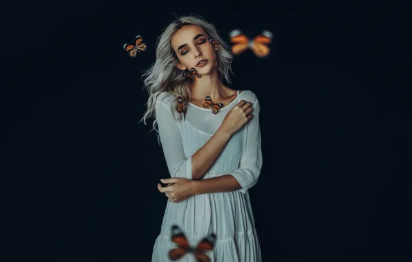 Картинка девушка, бабочки, настроение, тёмный фон