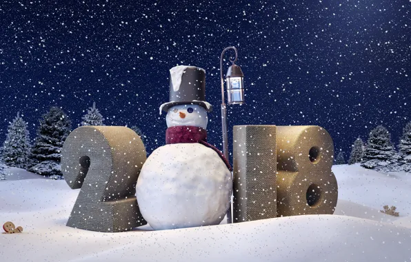 Картинка зима, снег, снежинки, Новый Год, снеговик, Happy New Year, winter, snow, 2018, snowman, decoration