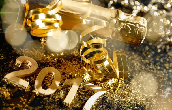 Картинка Новый Год, gold, new year, шампанское, happy, серпантин, champagne, 2017