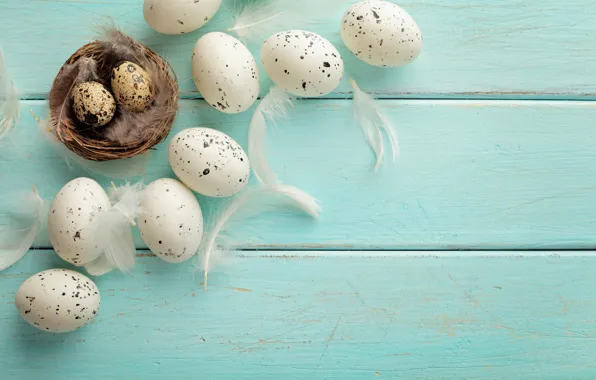 Картинка яйца, перья, Пасха, гнездо, лента, happy, wood, spring, Easter, eggs, decoration