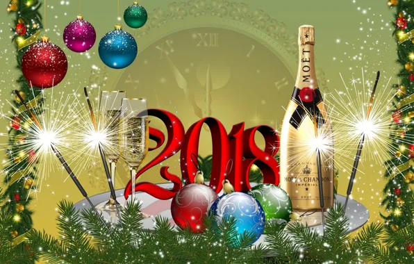 Картинка шары, графика, елка, Новый год, шампанское, 2018