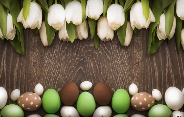 Картинка Пасха, тюльпаны, white, wood, tulips, spring, Easter, eggs, decoration, Happy, tender, белые тюльпаны