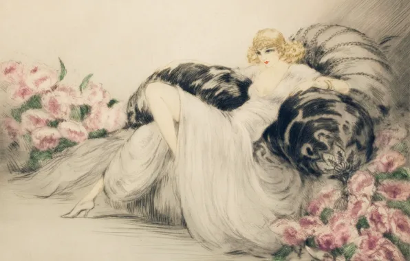 Картинка 1935, Пионы, Louis Icart, блондинка в кресле