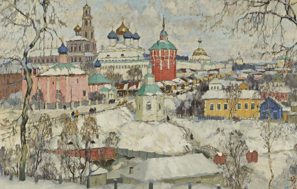 Картинка зима, снег, дома, картина, городской пейзаж, Константин Горбатов, Вид Троице-Сергиевой Лавры