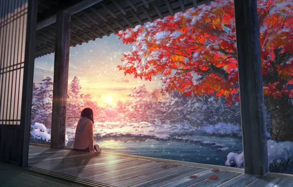 Картинка осень, девушка, дерево, аниме, арт