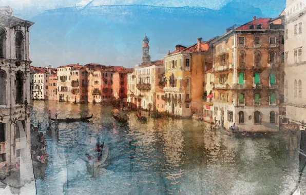 Картинка вода, краски, лодки, Венеция, живопись, гондолы, Акварель