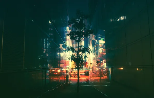 Картинка Дерево, Ночь, Город, Свет, Токио, Tokyo, Переулок, Masashi Wakui