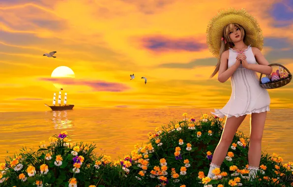 Картинка девушка, закат, цветы