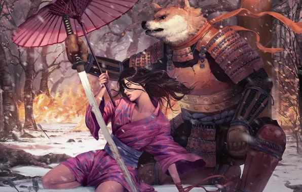 Картинка девушка, меч, зонт, солдат, зверь