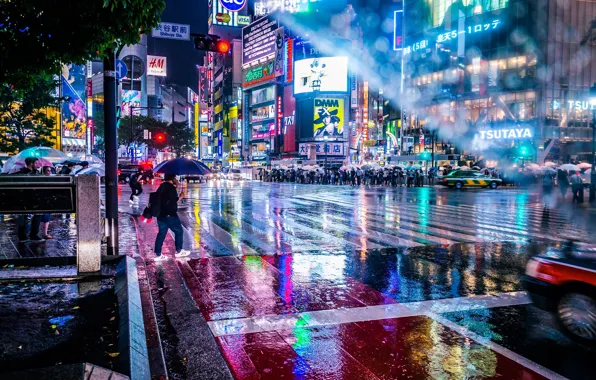 Картинка мокро, свет, город, огни, люди, дождь, улица, зонт, Япония, зонты, боке