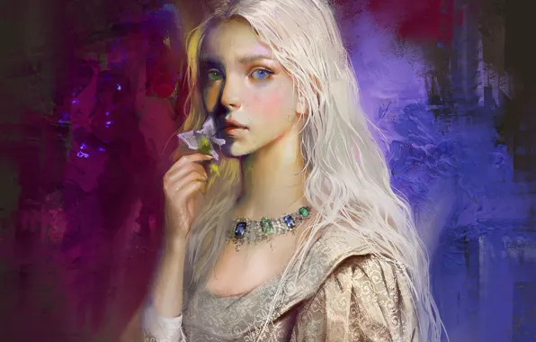 Картинка цветок, рука, ожерелье, голубые глаза, art, портрет девушки, длинные белые волосы, Bellabergolts