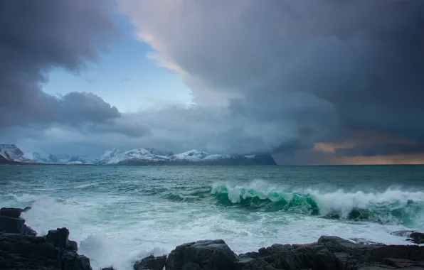 Картинка море, волны, побережье, Норвегия, Norway, Lofoten, Vareid