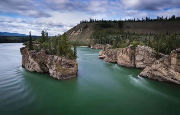 Картинка деревья, река, скалы, Канада, Canada, островок, Yukon, Юкон, Yukon River, Река Юкон