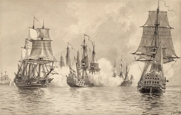 Картинка чёрно - белое, морское сражение, Jacob Hägg, "Konvojskeppet Ölands strid med engelska eskadern, морской вид