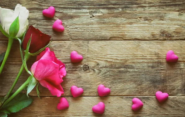Картинка розы, сердечки, love, wood, pink, romantic, hearts, Valentine's Day, roses