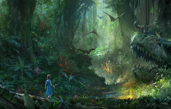 Картинка green, light, skull, girl, fantasy, forest, trees, flying, jungle, nature, wood, flowers, child, digital art, …