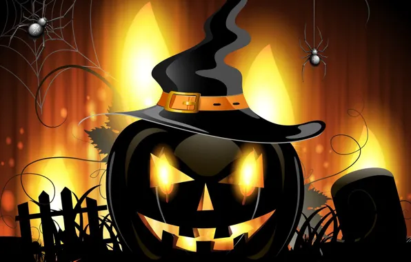Картинка spider, Halloween, hat, holiday, artwork, pumpkin, vector art, witch hat