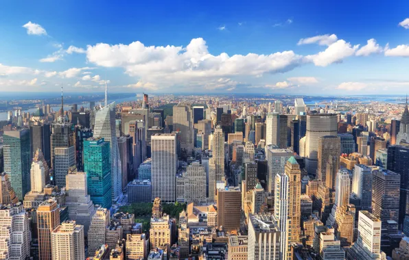 Картинка лето, город, здания, Нью-Йорк, размытость, Манхэттен, New York, Manhattan, высотки, боке, ясный день, красивый вид, …