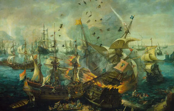 Картинка корабль, масло, картина, парус, холст, баталия, Корнелис Клас ван Виринген, Взрыв Испанского Флагмана