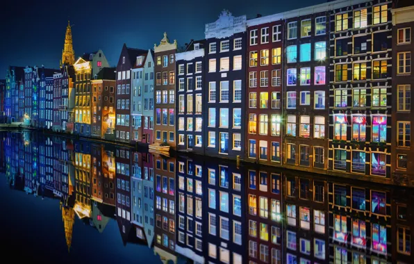 Картинка ночь, город, огни, Амстердам