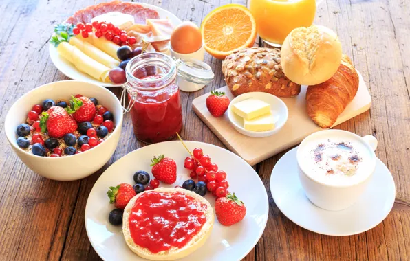 Картинка ягоды, кофе, завтрак, клубника, сок, выпечка, джем, нарезка, мюсли, апельсиновый