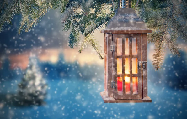 Картинка снег, украшения, елка, Новый Год, Рождество, фонарь, Christmas, snow, Merry Christmas, Xmas, decoration, candle, lantern, …