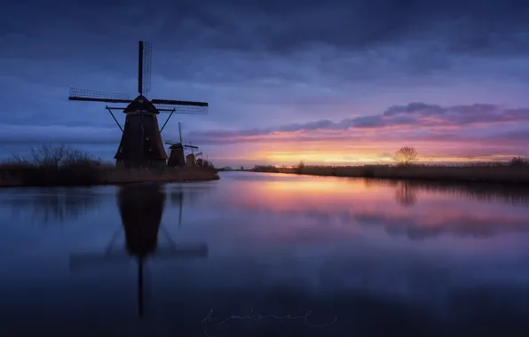 Картинка небо, вода, облака, вечер, канал, Нидерланды, ветряные мельницы