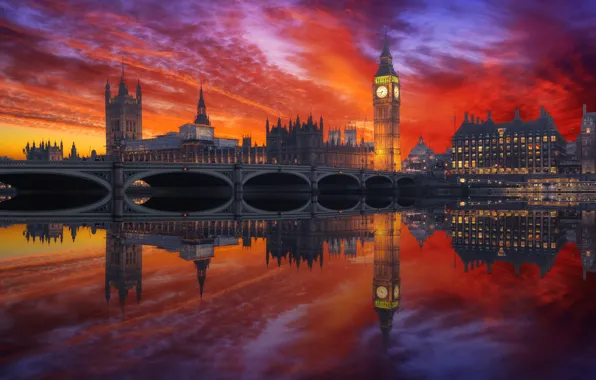 Картинка закат, мост, Лондон, Британия, Биг-Бен