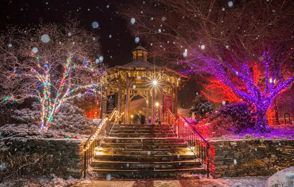 Картинка зима, снег, деревья, снежинки, ночь, огни, парк, праздник, Рождество, фонари, лестница, Новый год, США, гирлянды, …