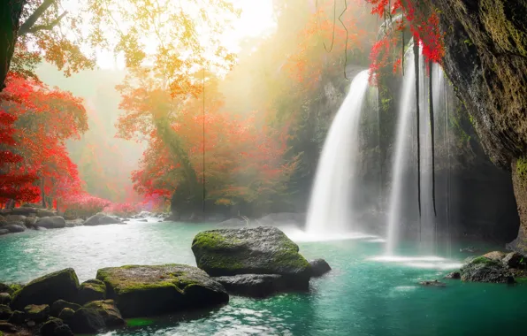 Картинка осень, лес, вода, деревья, природа, река, камни, водопад, forest, каскад, river, nature, beautiful, autumn, waterfall