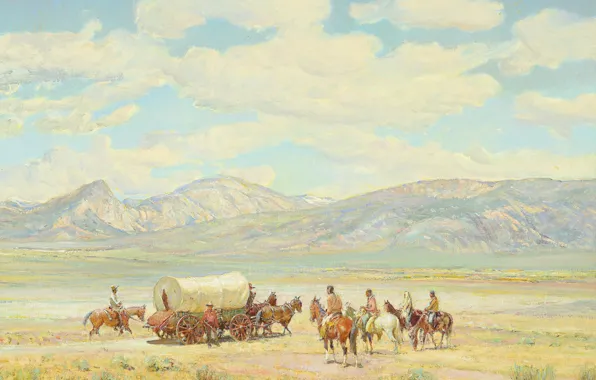 Картинка горы, лошади, индейцы, повозки, дикий запад, Oscar Edmund Berninghaus, Homesteaders on Indian Land