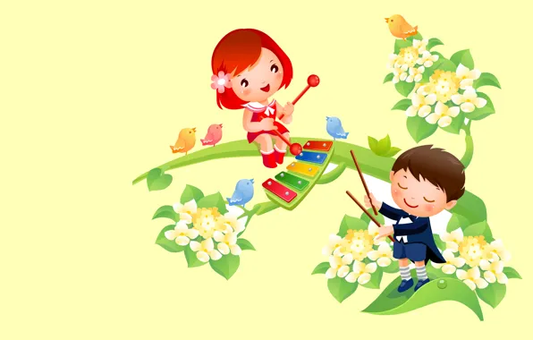 Картинка цветы, музыка, тепло, настроение, вектор, весна, мальчик, арт, девочка, птичка