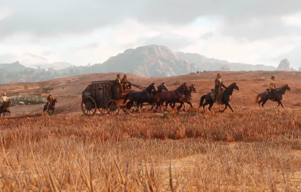 Картинка лошади, арт, карета, конвой, Red Dead Redemption 2, дикий Запад