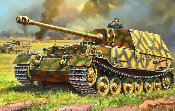 Картинка Германия, живопись, самоходно-артиллерийская установка, Фердинанд, Вторая Мировая война, класса истребителей танков, немецкая тяжёлая