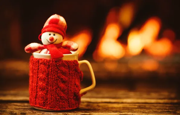 Картинка Новый Год, Рождество, чашка, снеговик, камин, Christmas, cup, Merry Christmas, Xmas, какао, snowman, fireplace, holiday …