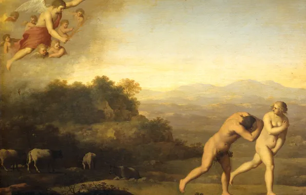 Картинка дерево, масло, картина, мифология, Корнелис ван Пуленбург, Изгнание из Рая