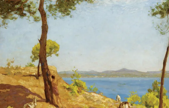 Картинка море, животные, пейзаж, дерево, картина, The Goat Herder, Алджернон Талмаж