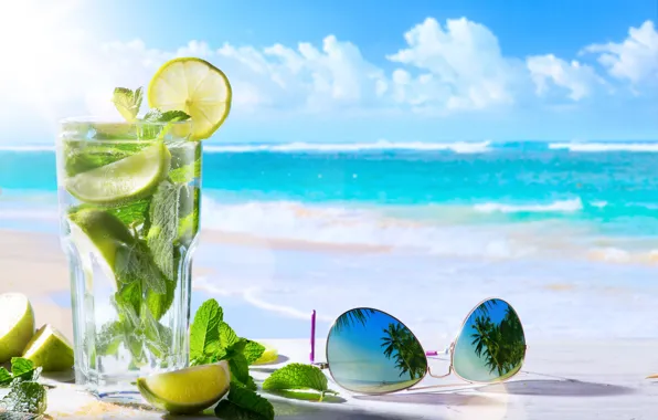Картинка море, пляж, небо, стекло, листья, солнце, облака, стакан, отражение, пальмы, лимон, горизонт, очки, лайм, напиток, …
