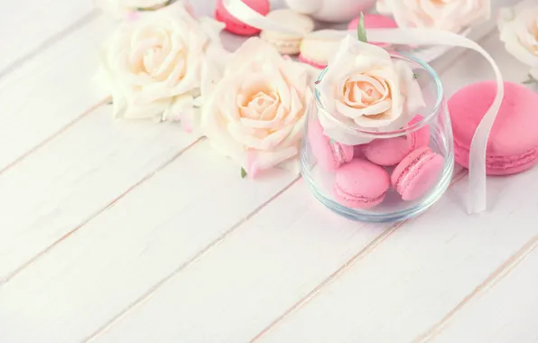 Картинка цветы, розы, десерт, pink, flowers, пирожные, сладкое, sweet, dessert, roses, macaroon, french, macaron, макаруны