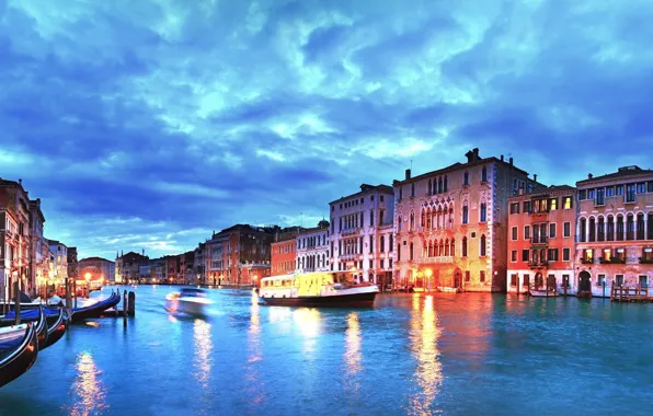 Картинка закат, city, город, огни, вечер, Италия, Венеция, канал, Italy, panorama, Europe, view, Venice, cityscape, travel, …