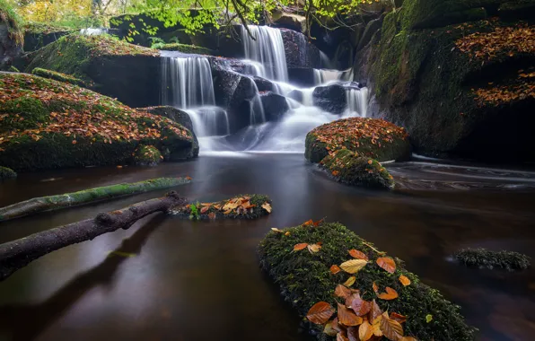 Картинка осень, листья, река, камни, Франция, водопад, каскад, France, Brittany, Бретань, Saint-Herbot